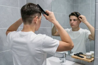 Adolescent se coiffant devant le miroir de la salle de bain avec un peigne et des produits capillaires sur une étagère en bois