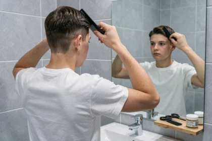 Adolescent se coiffant devant le miroir de la salle de bain avec un peigne et des produits capillaires sur une étagère en bois