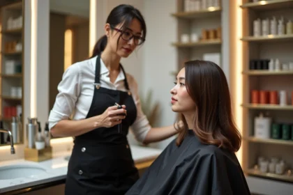 Coloriste professionnelle appliquant une couleur tendance 2026 sur une cliente dans un salon de coiffure moderne