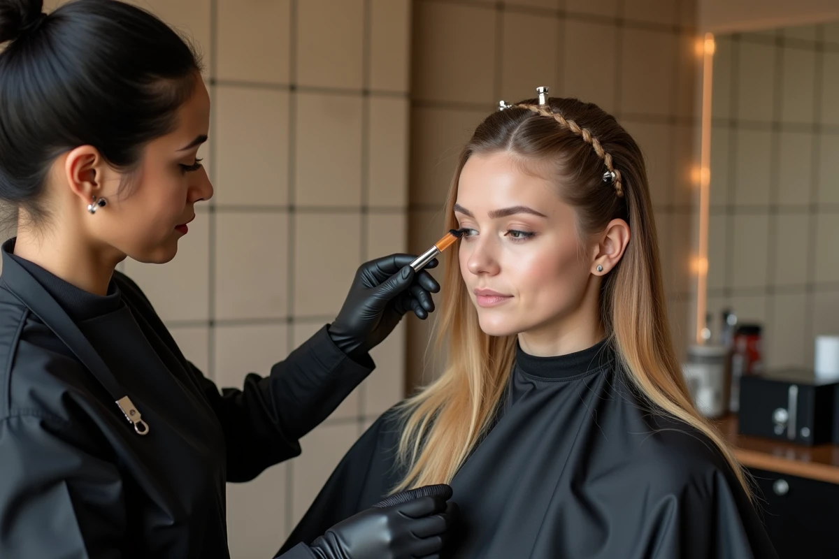 Coloriste appliquant un soin caramel miel sur cheveux blonds pour une coloration sans casse