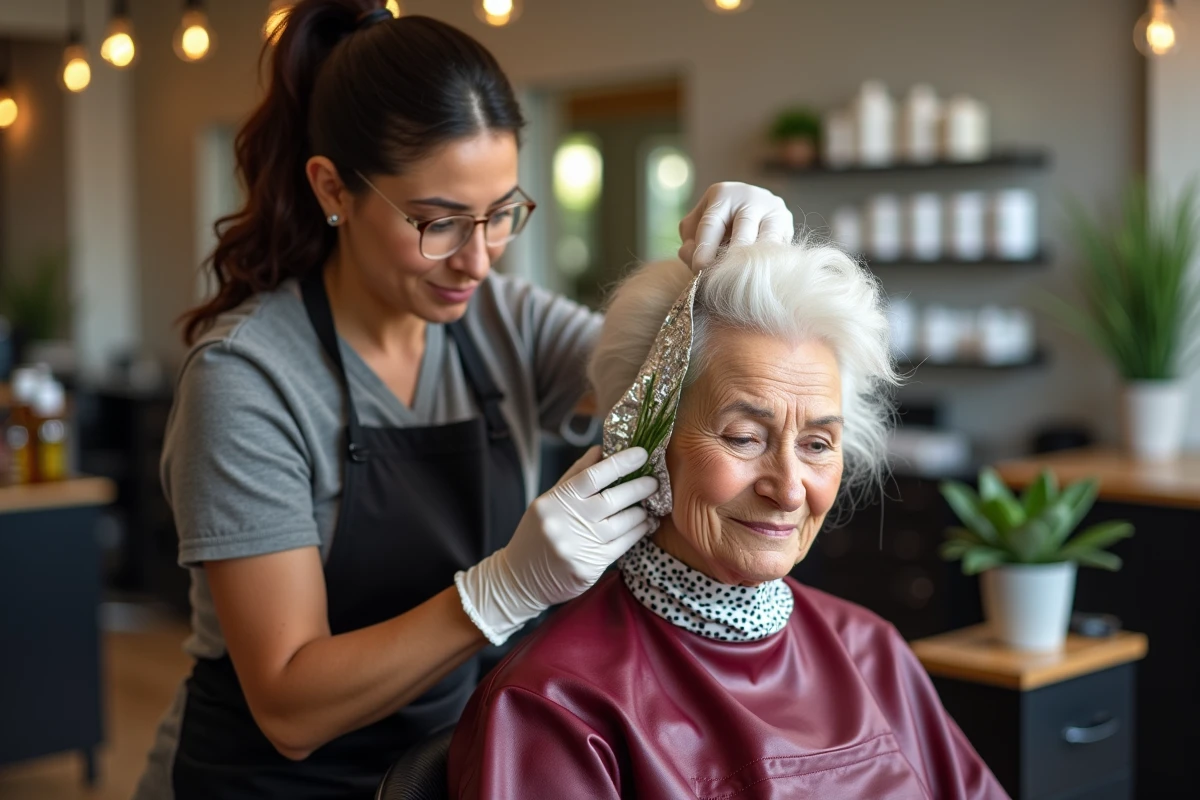 Coloriste professionnelle appliquant du henné en papillotes sur des cheveux blancs très épais dans un salon de coiffure