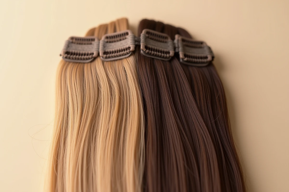 Comparaison en gros plan entre cheveux naturels fins et extensions capillaires pour identifier les différences de texture