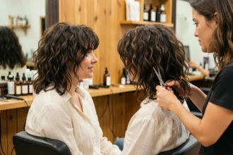 Femme aux cheveux bouclés en consultation chez le coiffeur pour adopter la coupe shaggy avec des couches étagées