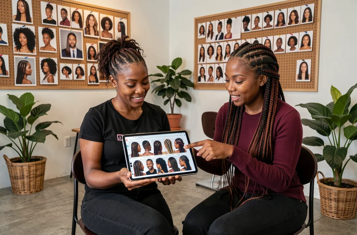 Deux femmes discutant des tendances de tresses africaines avec un lookbook dans un salon afro moderne