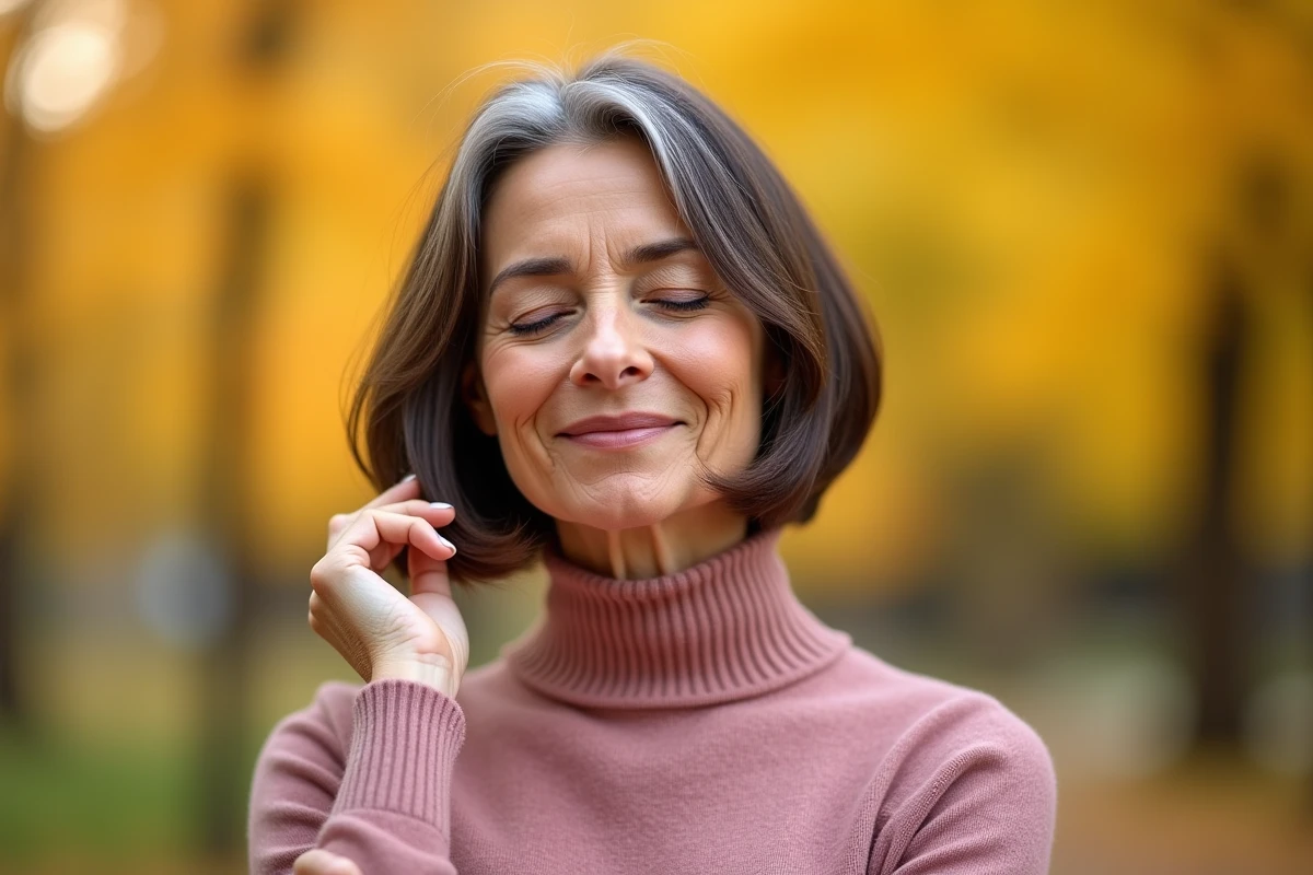 Femme élégante de 60 ans avec une coupe courte bob grisonnante encadrant un visage rond, dans un parc en automne, exprimant la liberté et la sérénité