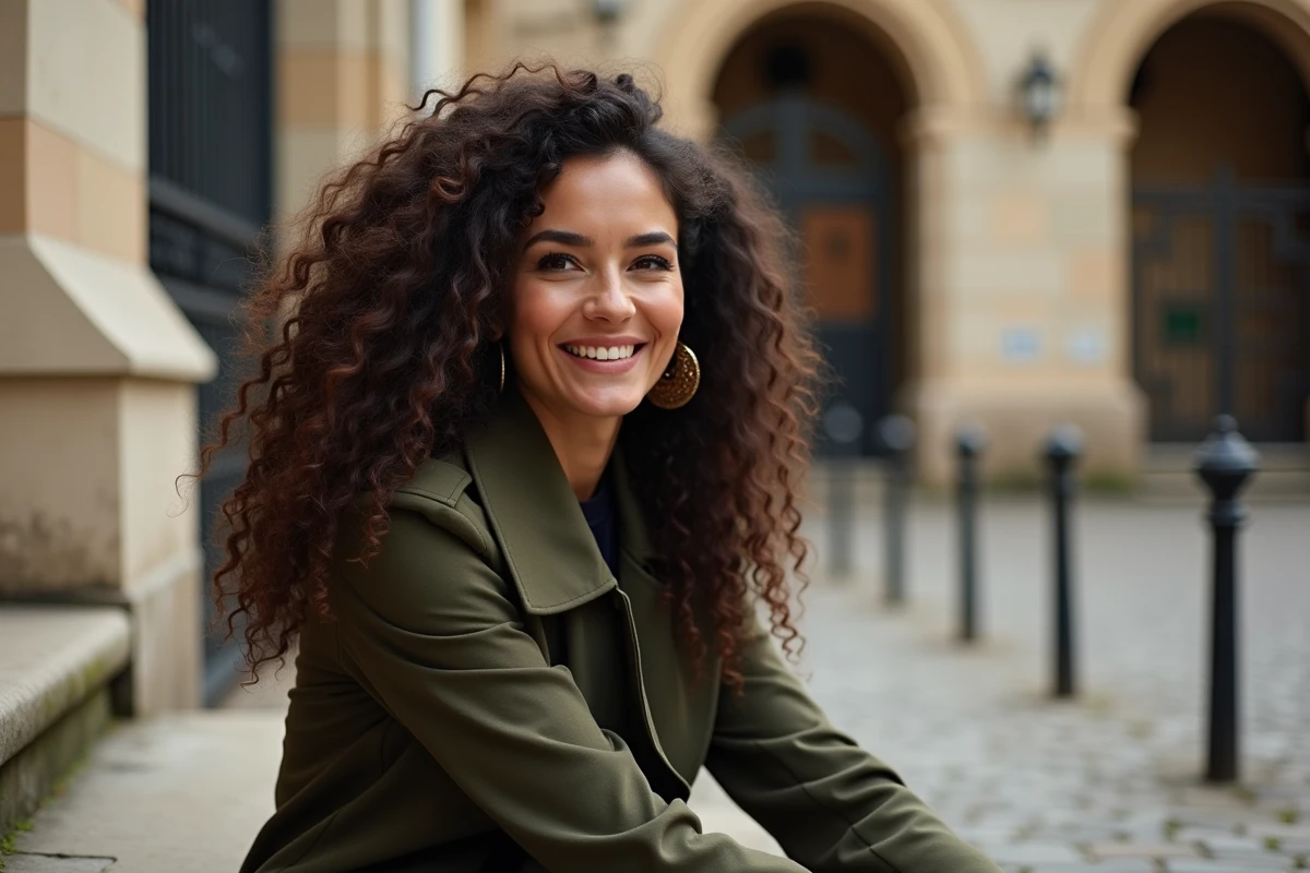 Femme aux boucles longues parfaitement définies et anti-frisottis dans une cour parisienne en automne