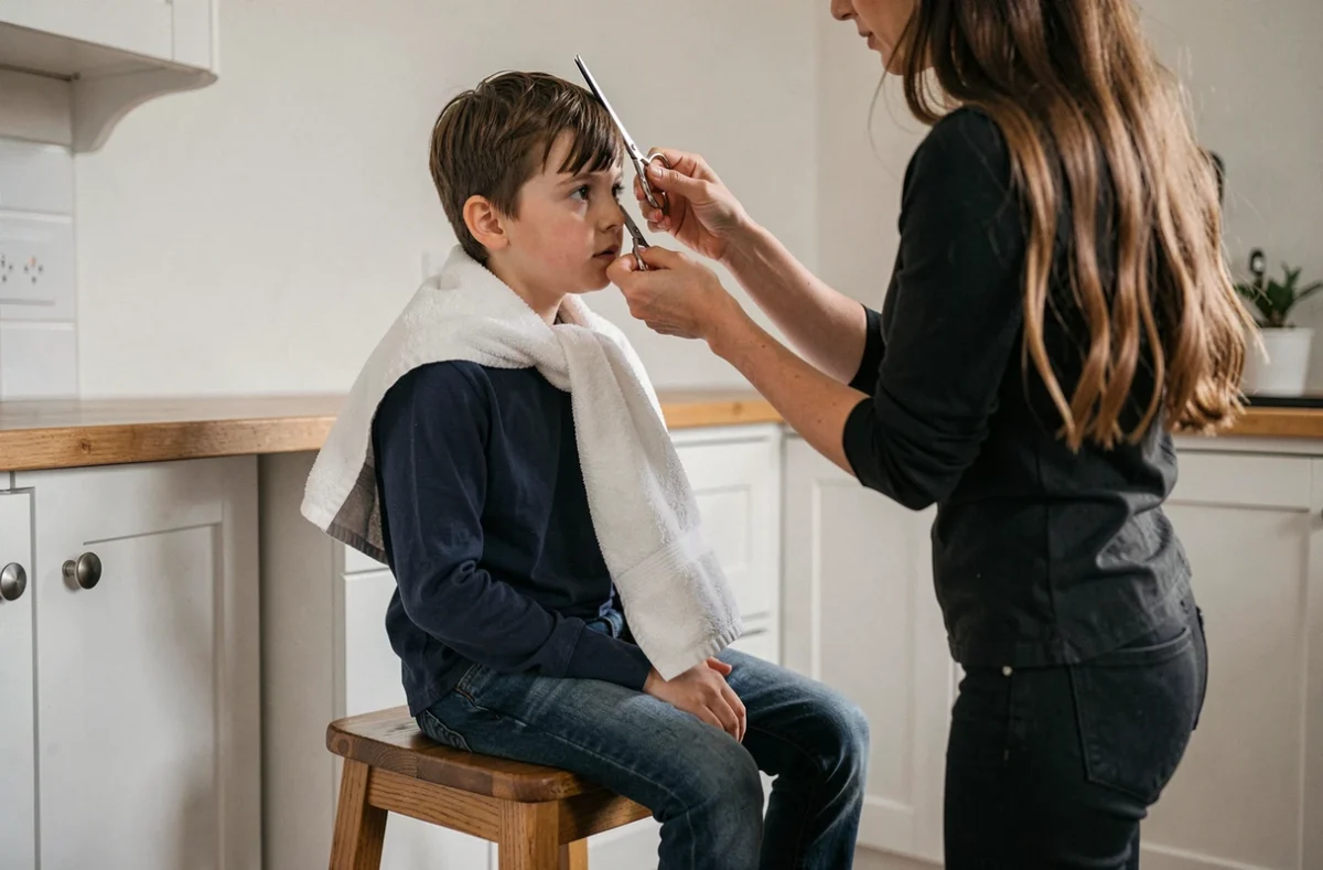Jeune garçon recevant une coupe de cheveux maison de sa mère dans la cuisine avec des ciseaux et un peigne