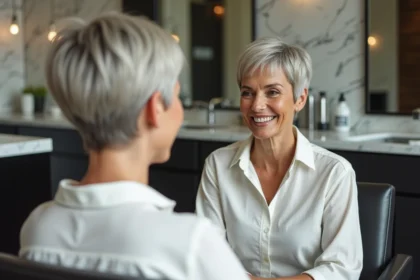 Femme de 60 ans souriante avec une coupe courte pixie adaptée à un visage rond, assise dans un salon de coiffure moderne face à son reflet