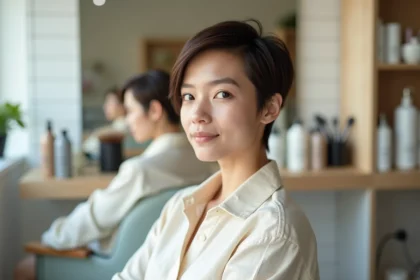 Femme avec une coupe courte pixie sur cheveux fins et raides dans un salon de coiffure moderne