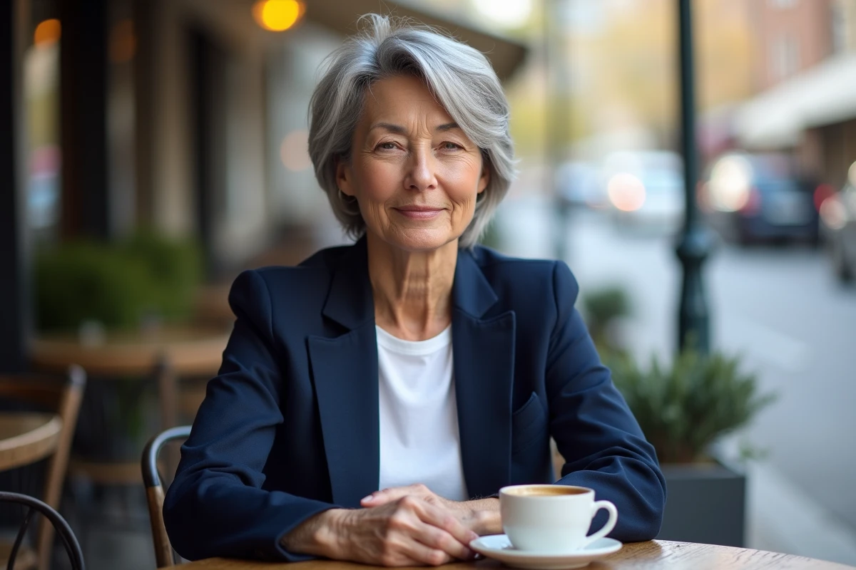 Femme de 65 ans au look soigné arborant une coupe courte texturée grise pour visage rond, assise en terrasse de café avec un regard confiant et assumé