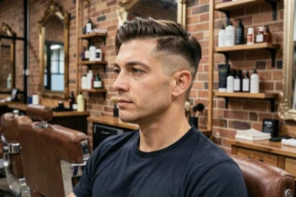 Homme aux cheveux en coupe mulet soft assis dans un barbershop moderne, vue de profil mettant en valeur le dégradé et la nuque légèrement allongée