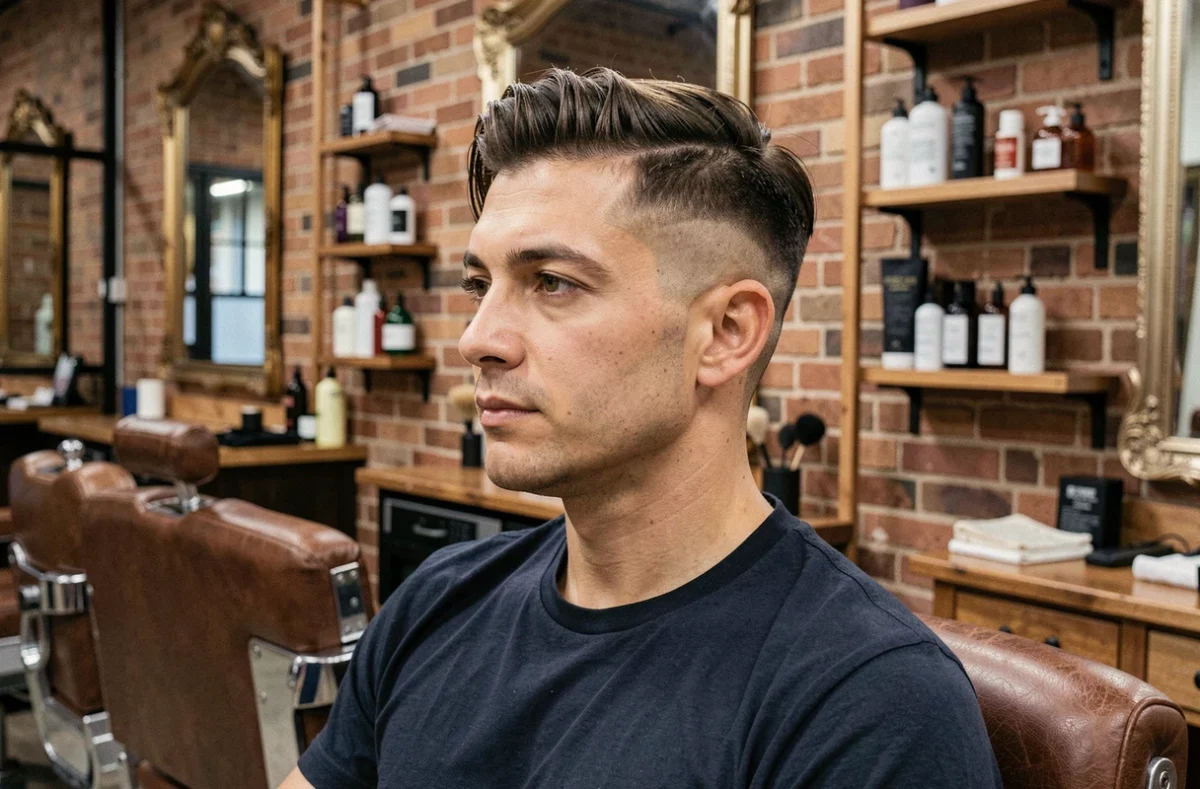 Homme aux cheveux en coupe mulet soft assis dans un barbershop moderne, vue de profil mettant en valeur le dégradé et la nuque légèrement allongée