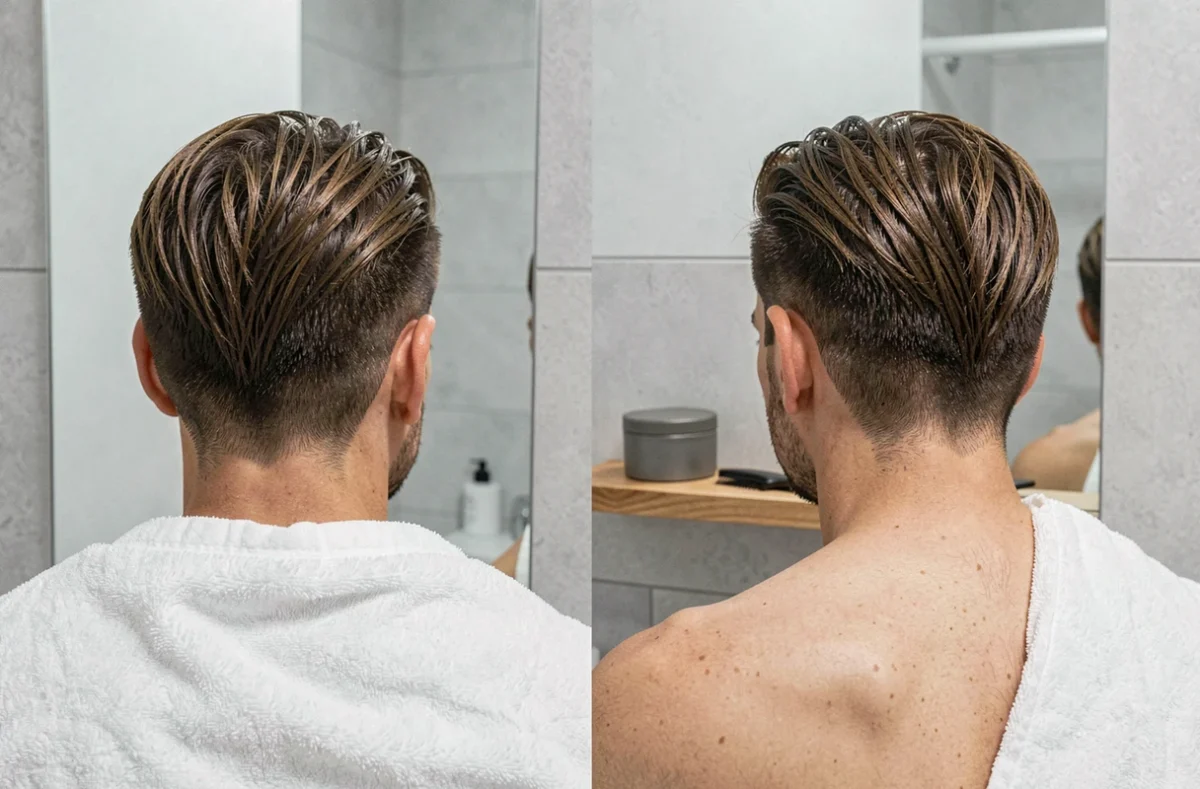Vue arrière et reflet miroir d'une coupe mulet homme soft en cours de coiffage dans une salle de bain minimaliste, double perspective de la coiffure