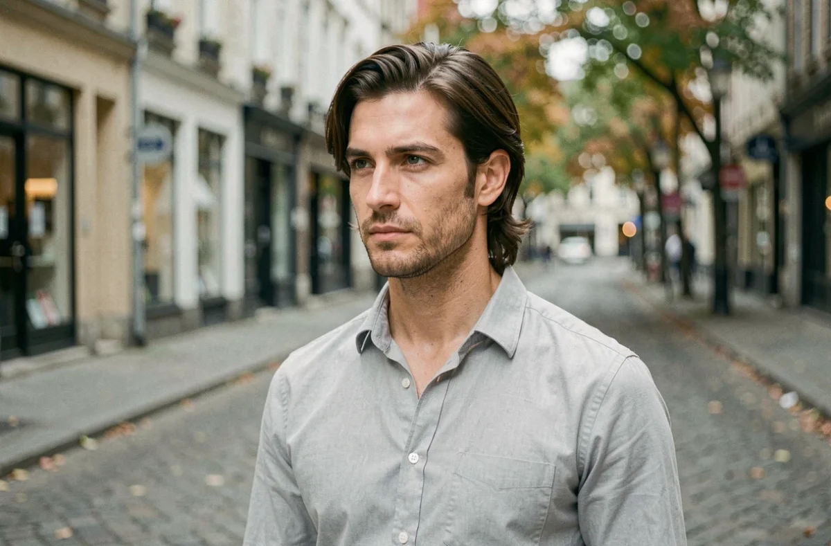 Homme portant une coupe mulet version douce dans une rue pavée en ville, look décontracté et moderne mettant en avant la coiffure tendance