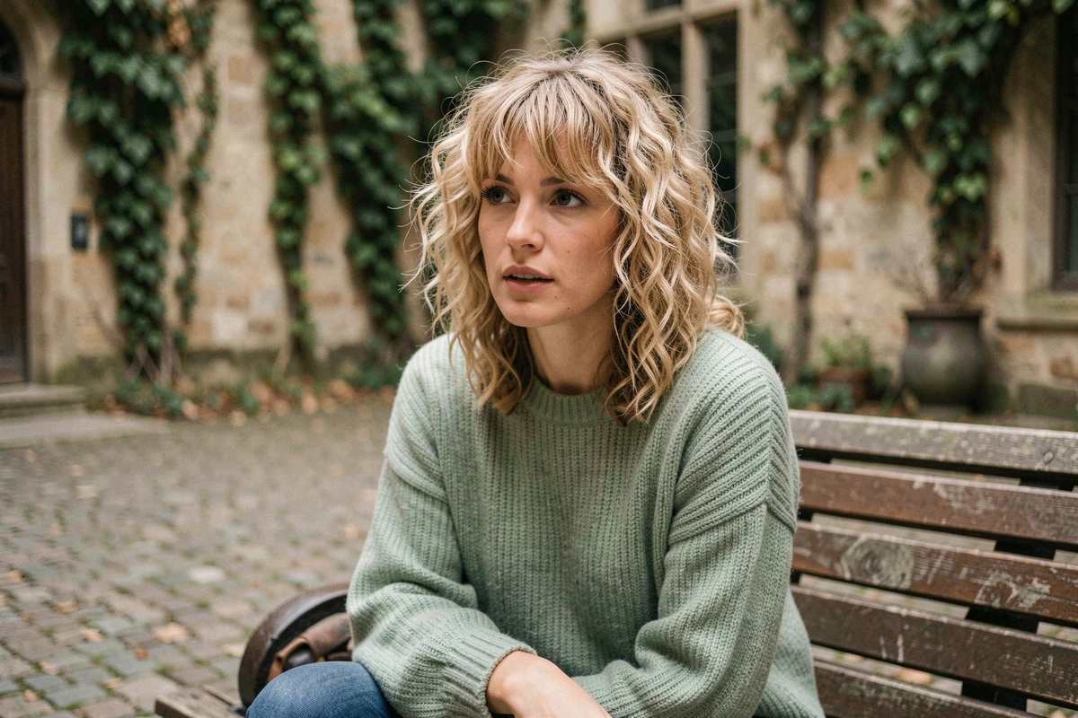 Femme avec une coupe shaggy bouclée blonde assise dans une cour urbaine, mettant en valeur les couches et les bangs rideaux