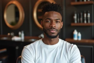 Jeune homme avec une coupe taper nette mise en valeur dans un salon de coiffure moderne