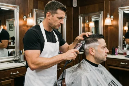 Barbier professionnel réalisant un dégradé blanc à la tondeuse sur un client en salon de coiffure moderne