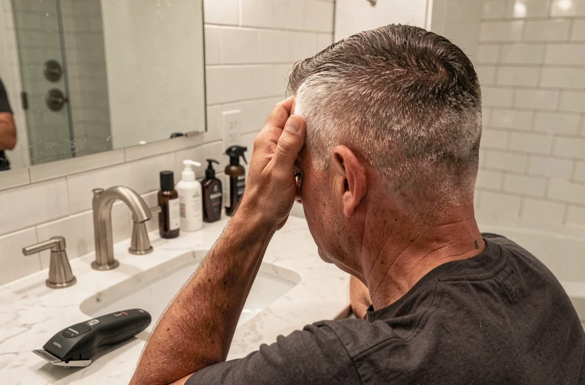 Homme d'âge mûr inspectant son dégradé blanc après coupe à la tondeuse dans une salle de bain moderne