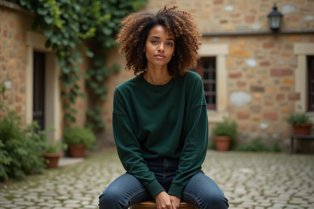 Femme aux cheveux bouclés mi-longs avec un dégradé structuré photographiée dans une cour en pierre