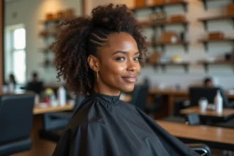 Femme noire aux cheveux crépus mi-longs avec un dégradé soigné réalisé en salon de coiffure