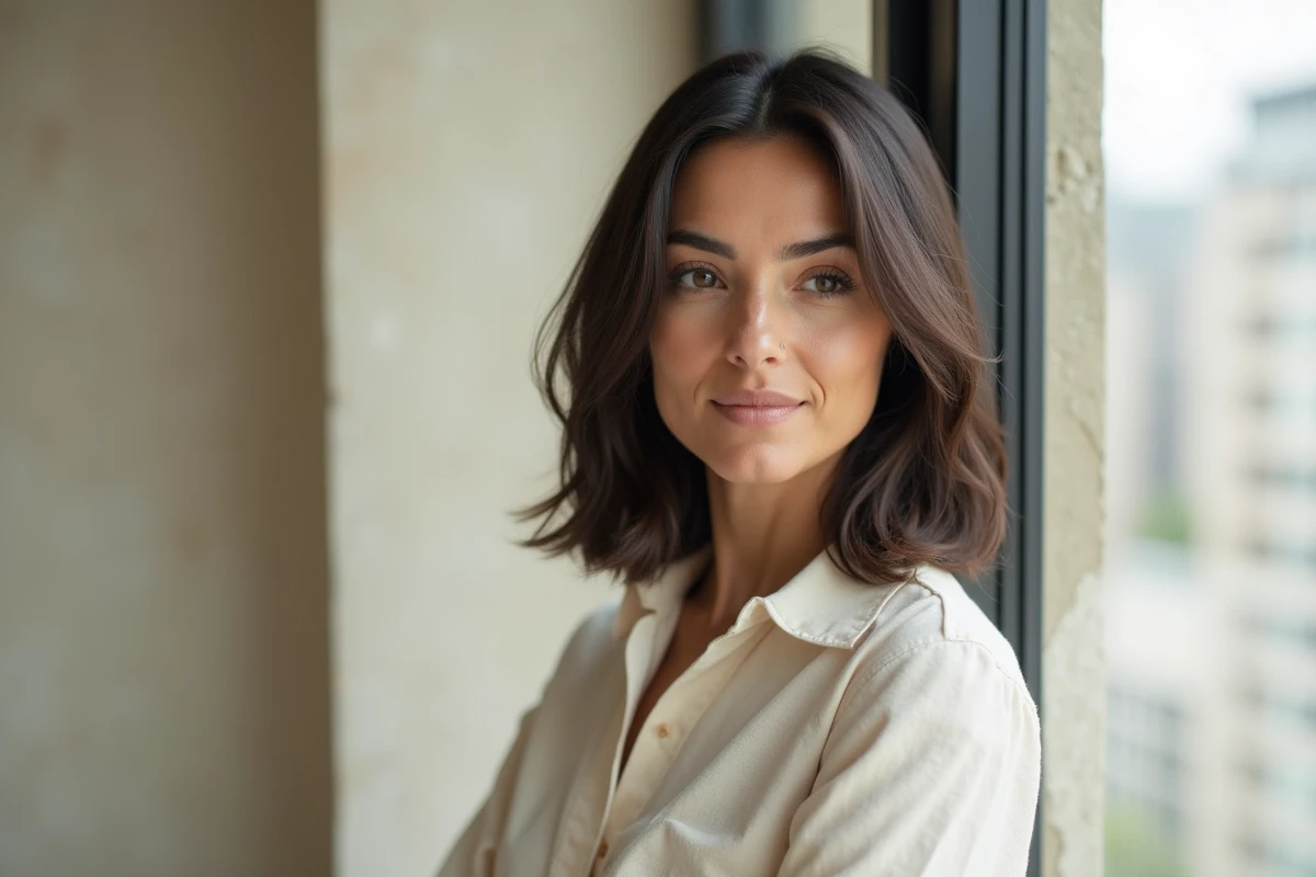 Femme aux cheveux lisses mi-longs avec un dégradé élégant encadrant le visage dans un appartement moderne