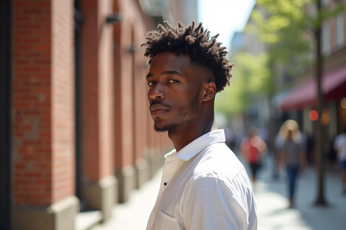 Homme en extérieur avec un dégradé espagnol bien défini sur cheveux coily, finitions rasoir nettes et style urbain