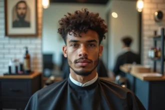 Jeune homme avec un dégradé espagnol sur cheveux bouclés, finitions nettes et temple line visible en salon de coiffure urbain