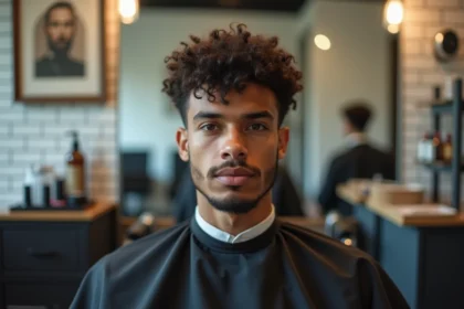 Jeune homme avec un dégradé espagnol sur cheveux bouclés, finitions nettes et temple line visible en salon de coiffure urbain