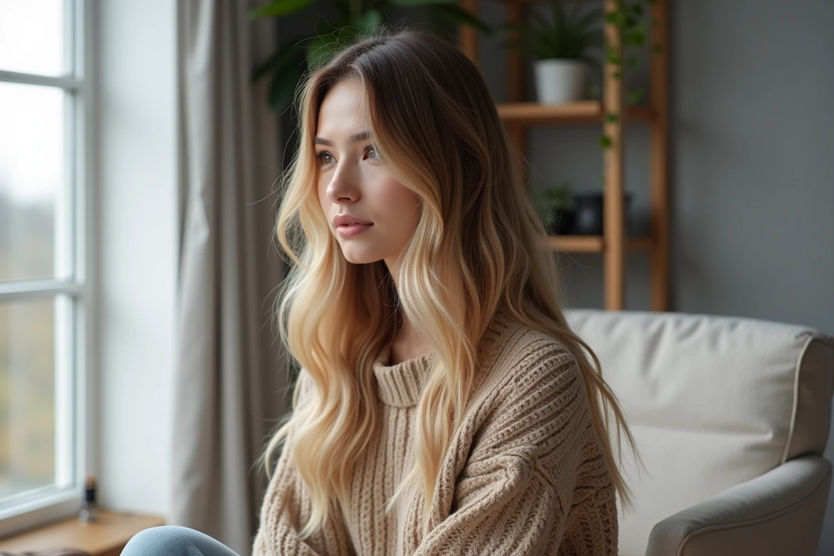 Femme aux cheveux fins longs avec dégradé discret et volume naturel chez elle