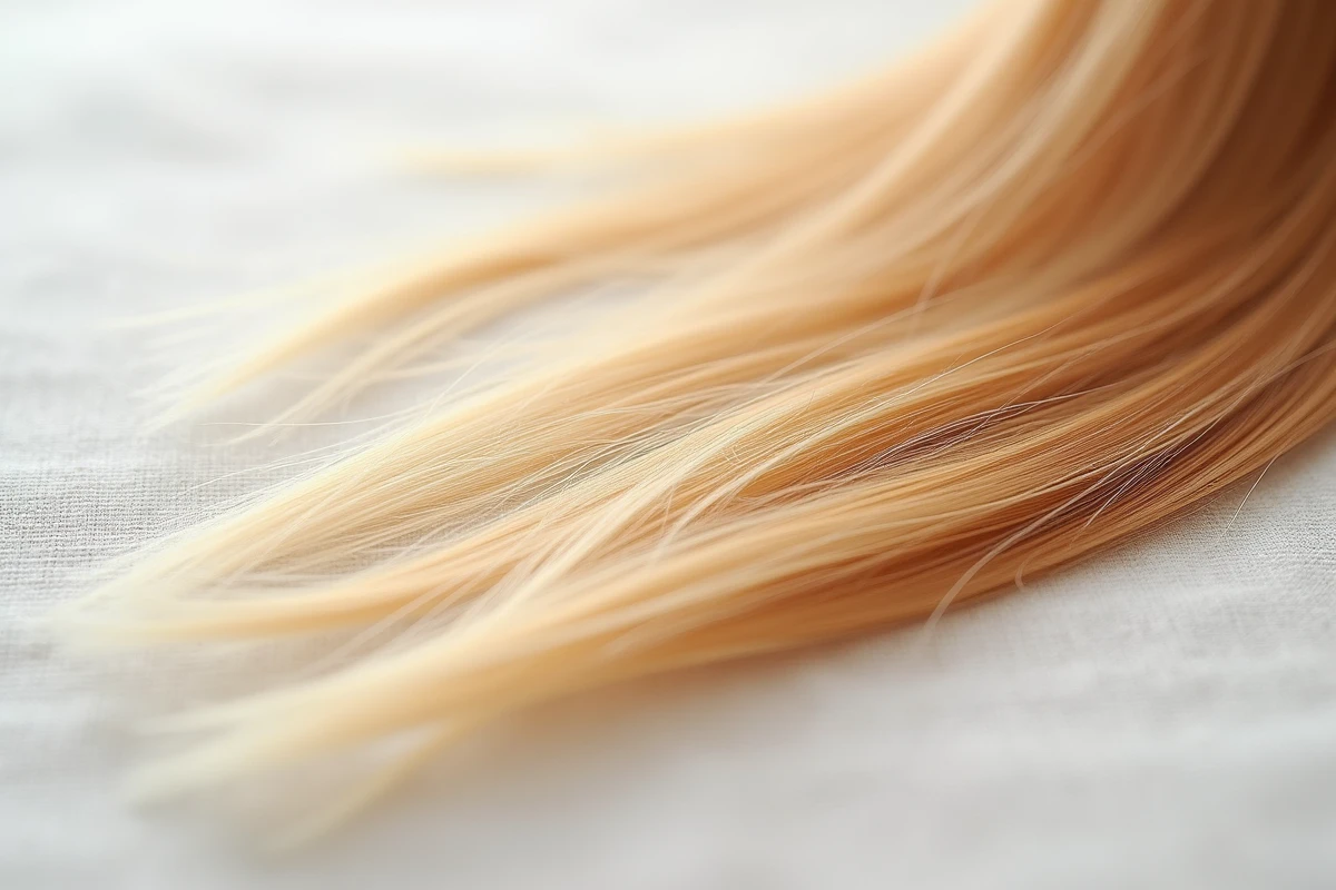 Détail de mèches de cheveux montrant un dégradé naturel du blond au caramel miel sans dommages