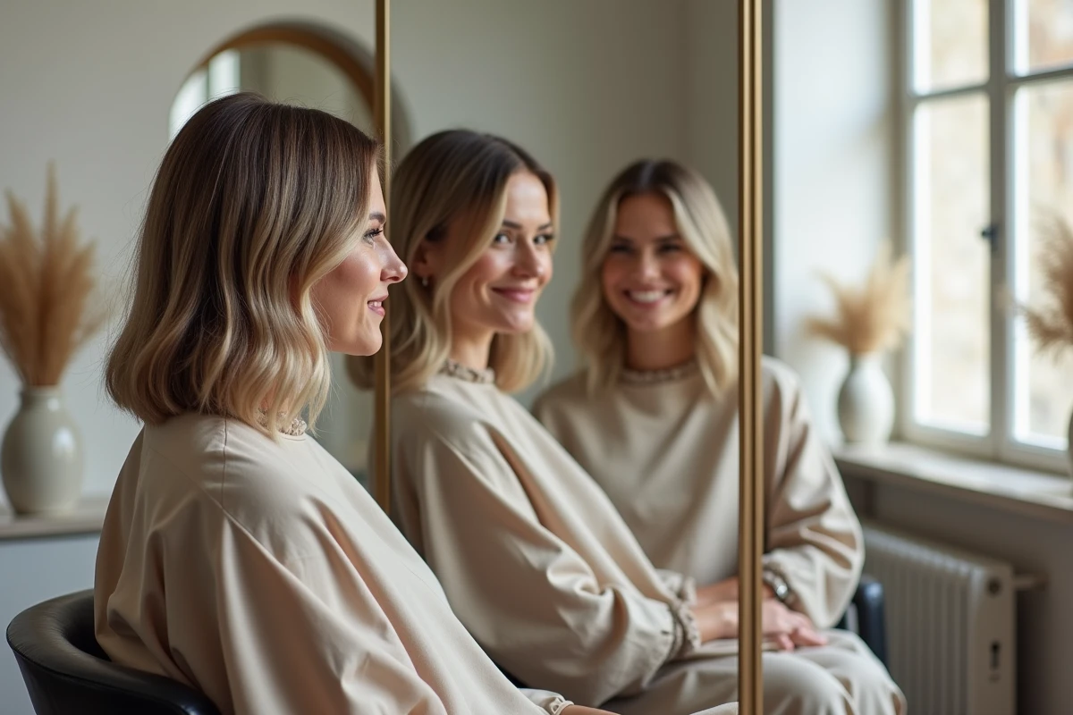 Deux femmes comparant leurs colorations tendance 2026 devant le miroir d'un salon de coiffure parisien