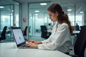 Employée L'Oréal connectée à l'espace vente au personnel en ligne sur un ordinateur portable en entreprise