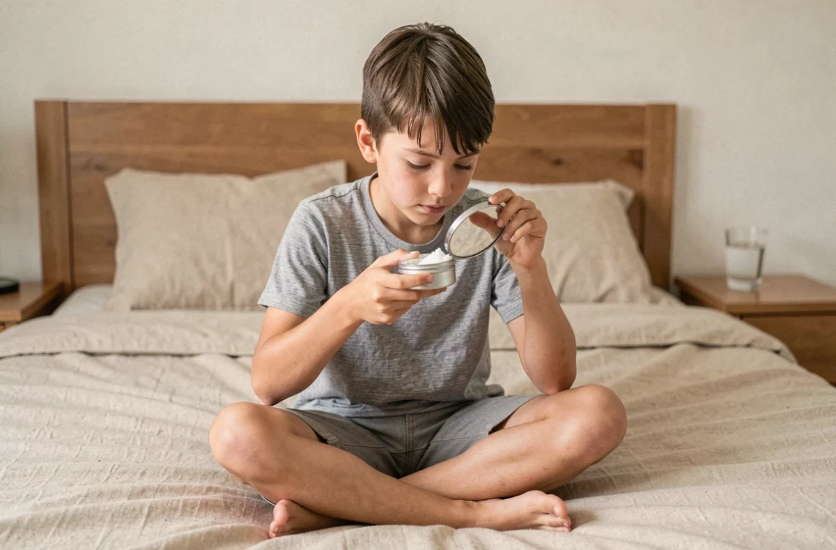 Garçon appliquant de la crème capillaire devant un petit miroir à main assis sur son lit dans sa chambre