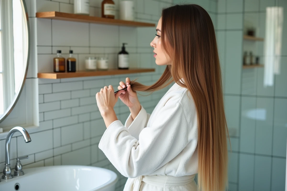 Femme prenant soin de ses extensions cheveux en les démêlant délicatement dans une salle de bain pour préserver sa longueur naturelle