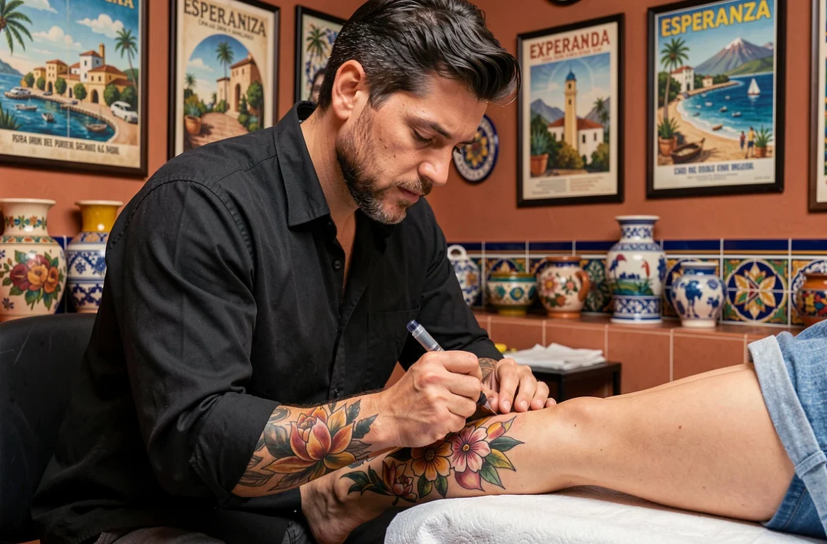 Tatoueur d'Esperanza Tattoo réalisant un tatouage néo-traditionnel coloré dans un studio aux influences latines