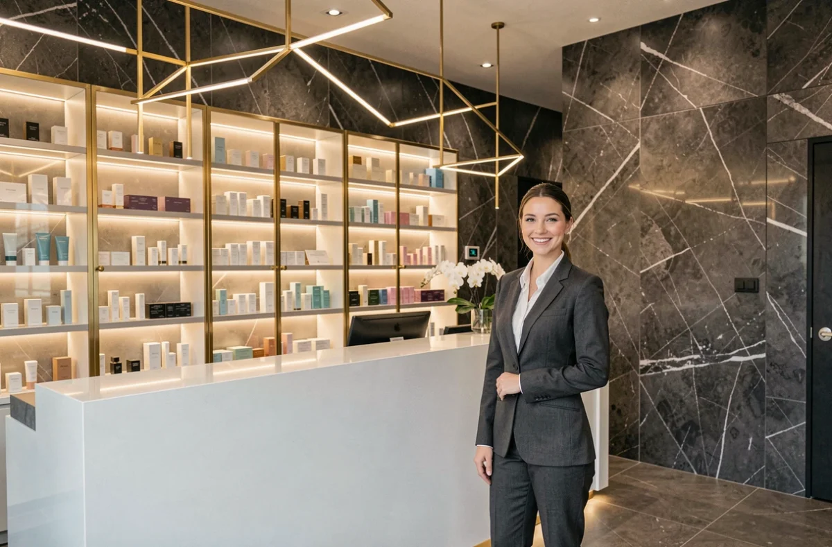 Réception moderne et épurée de l'Esthetic Spa Concept à Lille, avec une décoratrice en uniforme et des produits de soin haut de gamme en vitrine