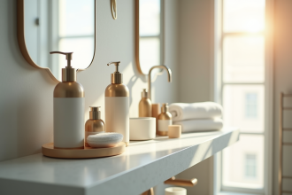 Etagère de bain moderne avec shampoing français en vedette