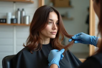 Styliste examinant la santé des cheveux naturels d'une cliente avant la pose d'extensions en salon professionnel