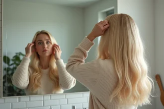 Femme ajustant une perruque blonde dans la salle de bain