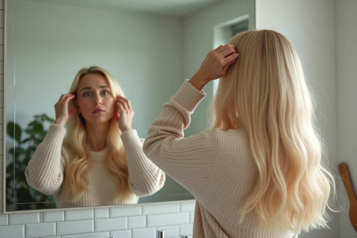 Femme ajustant une perruque blonde dans la salle de bain