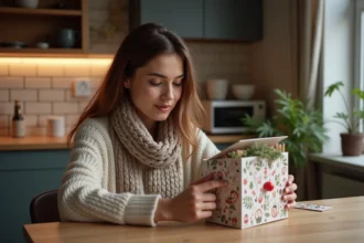 Femme assise découvrant un calendrier de l'Avent dans la cuisine chaleureuse