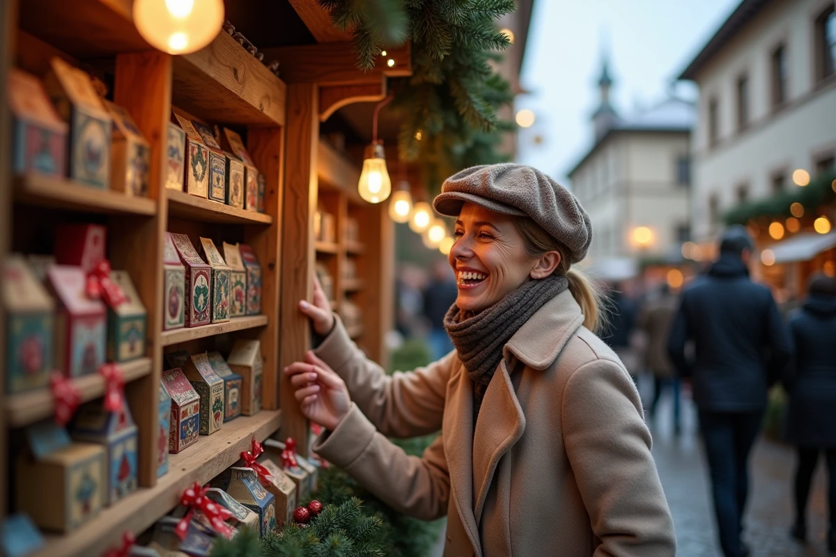 Femme au marché de Noël découvrant un calendrier de l
