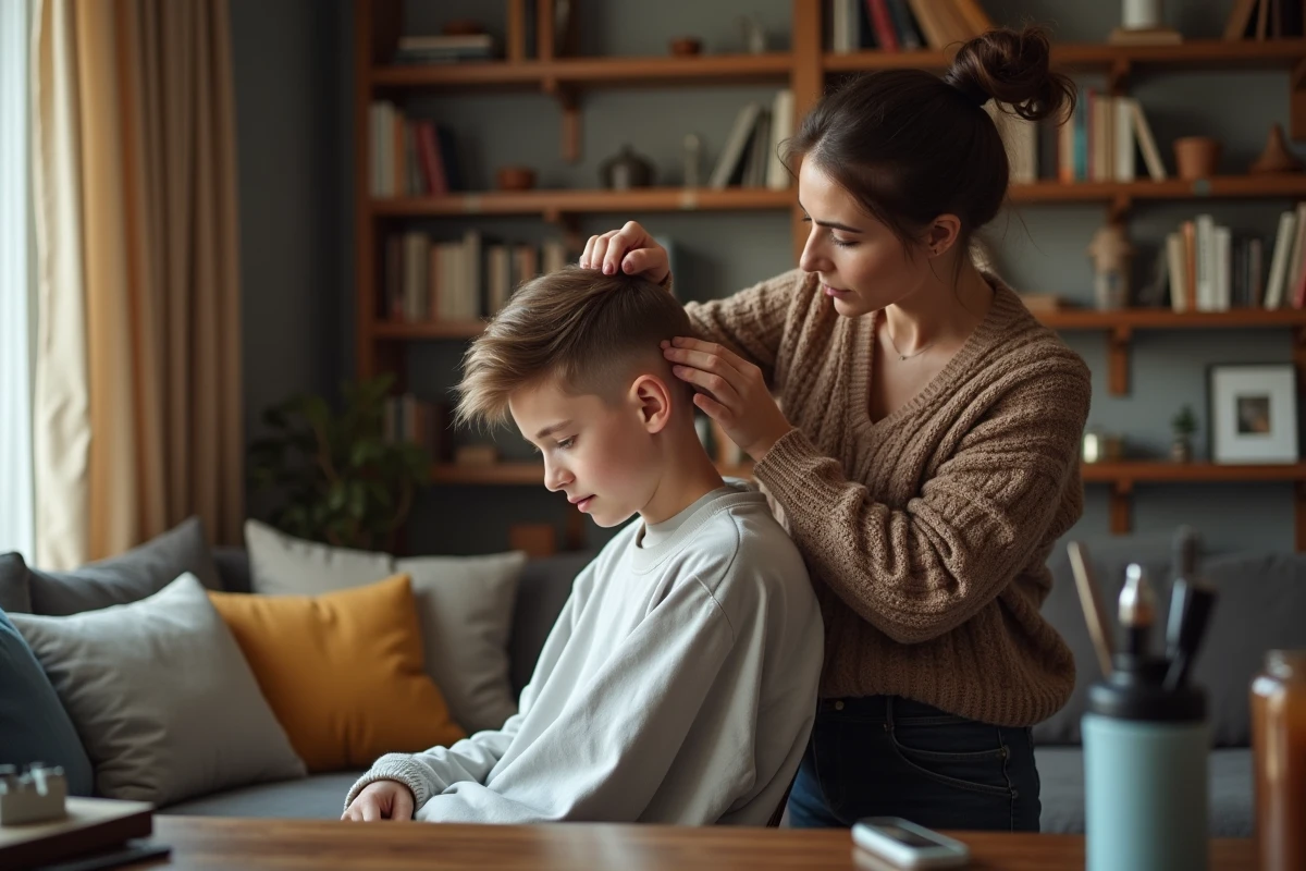 Femme aidant son fils à faire une coupe de cheveux dans le salon