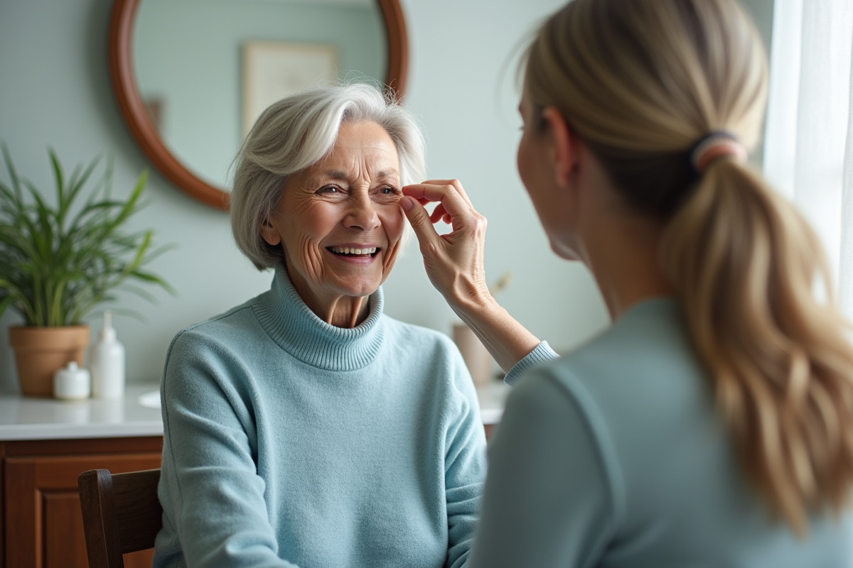 Femme souriante aidée par une amie à définir ses sourcils dans la salle de bain