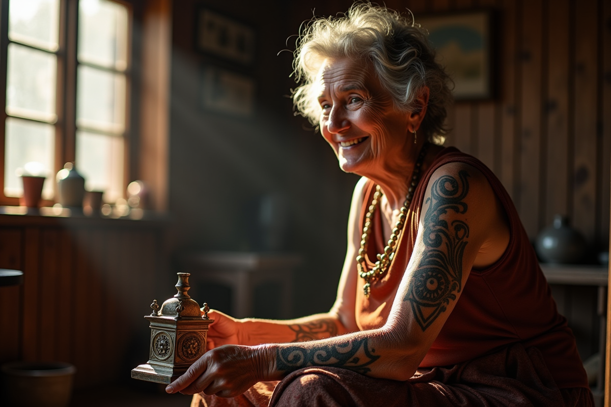 Femme âgée avec tatouage tribal dans une maison traditionnelle