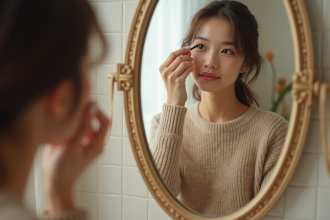 Femme appliquant eyeliner devant un miroir vintage