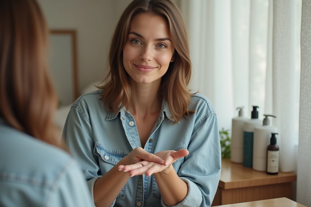 Femme appliquant du wax sur ses cheveux dans la chambre