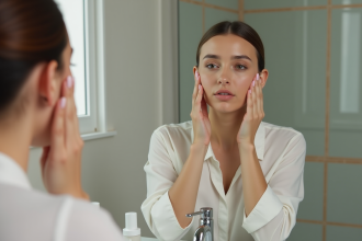 Femme applique primer visage devant miroir naturel