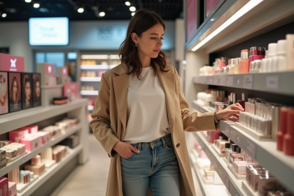 Femme curieuse dans un magasin de cosmétiques