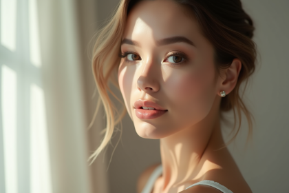 Femme avec maquillage naturel et peau éclatante en studio